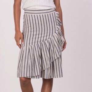 Margaret O'Leary A Symetrical Ruffled Striped Dark Blue and Cream Midi Skirt